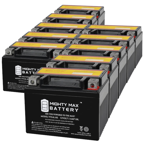 Mighty Max Battery YTX4L-BS 12V 3Ah Replacement Battery compatible with Poweroad YG4L-BS - 10PK MAX4033279 - main